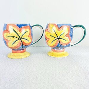 Bella Ceramica Mugs Cup Set of 2 Large Coffee Pedestal Leaf Blue Yellow 12oz 5"